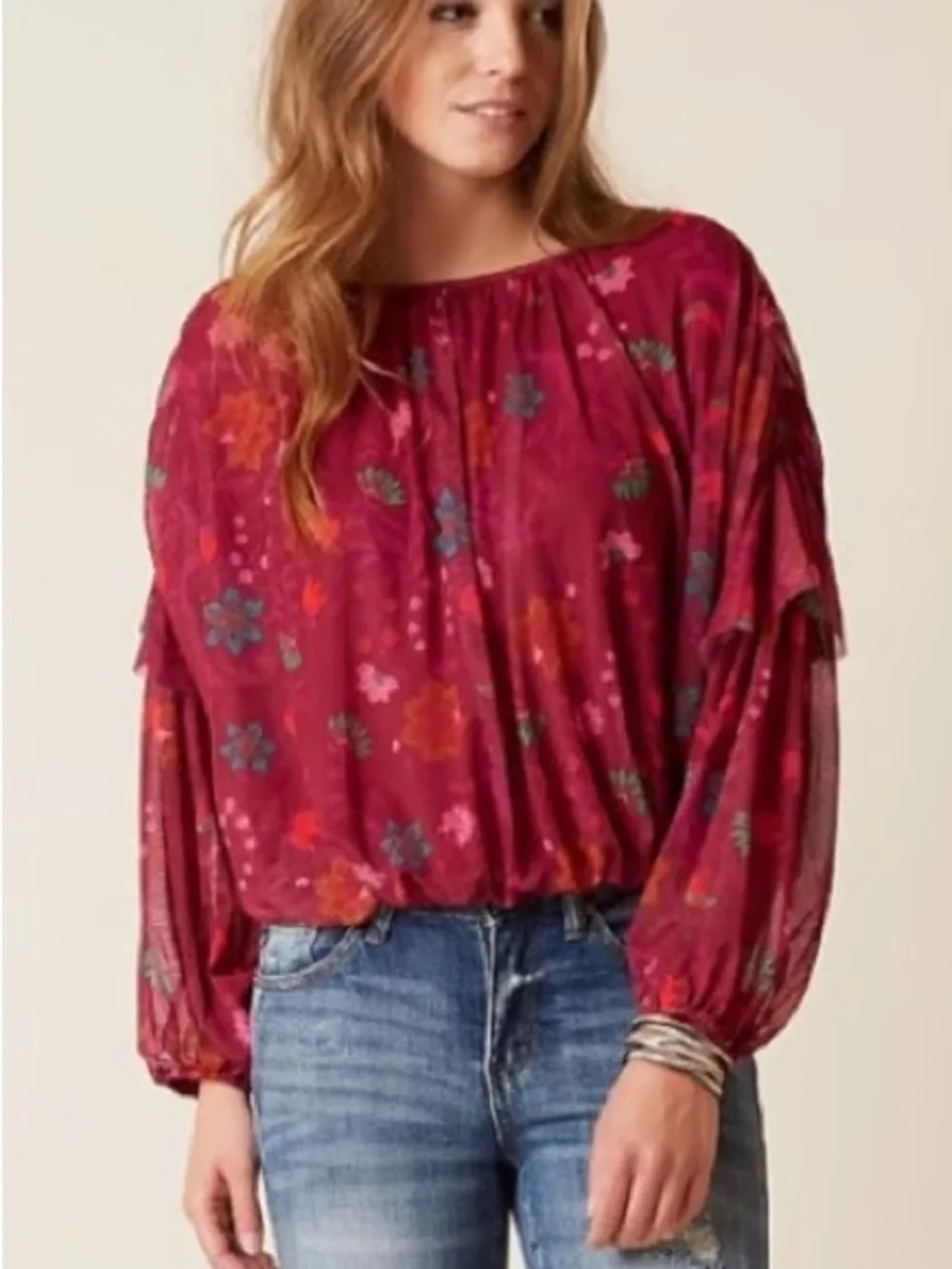 Free People Mesh Floral Peasant Top Blouse Women’s Boho Cottagecore Romantic S